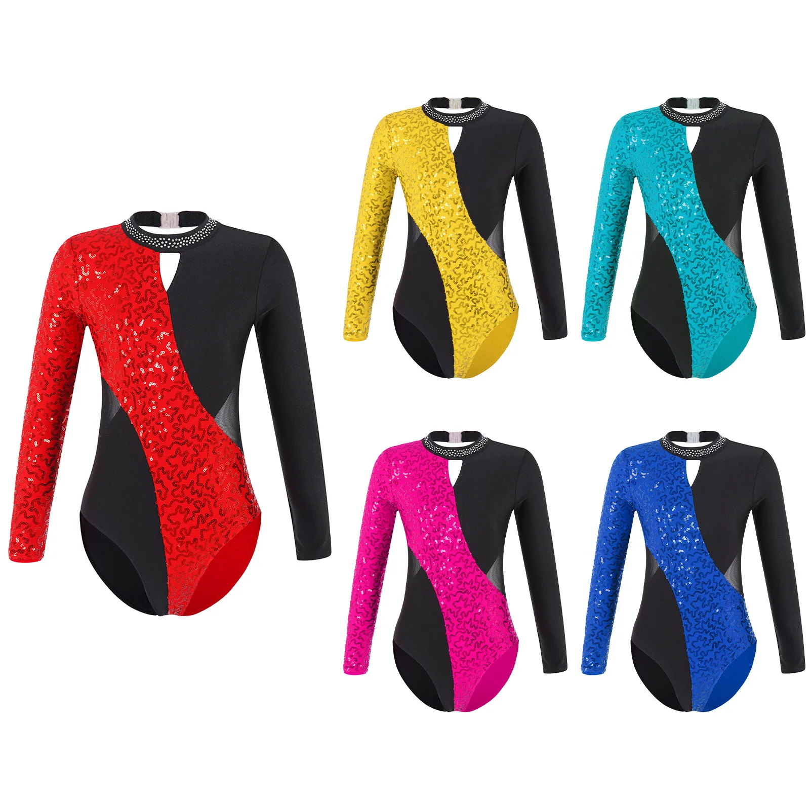 Kids Girls Sequins Long Sleeve Leotard Bodysuit Jazz Latin Dance Stage Performance Costume Modern Contemporary Dancewear