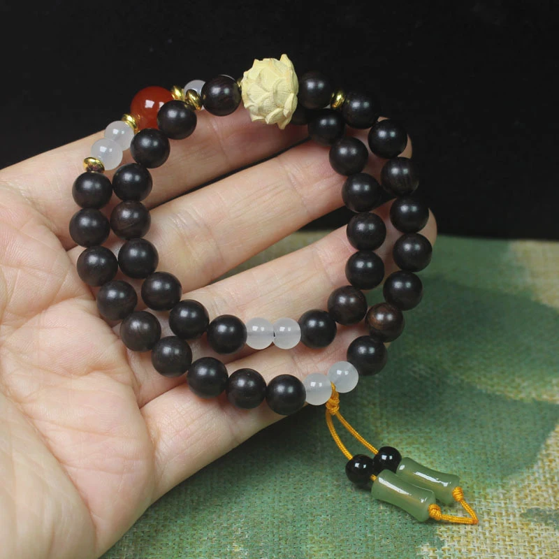 

Ebony 8mm Double-Circle Lotus Buddha Bead Bracelet, Green Bamboo Joint Bracelet, Simple Prayer Beads for Men and Women