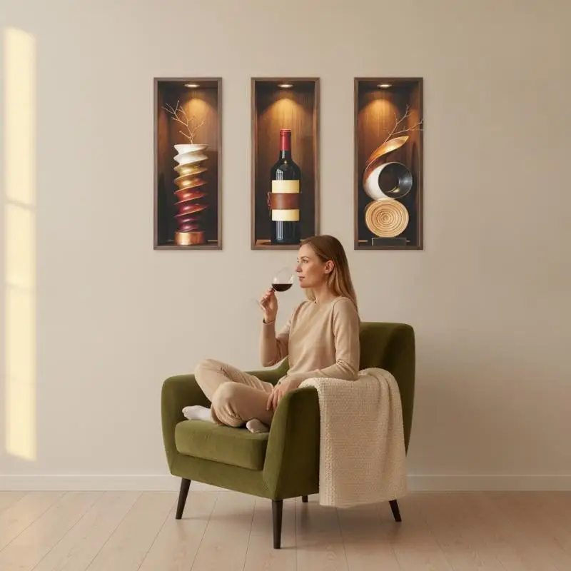 [J] 3Pcs 3D Wine Cabinet Niche Wall Sticker Self Adhesive Luxury Wine Bottle Mural Decor For Entrance Background Wall Decor