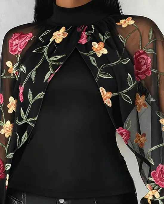 

Stand Up Collar Flower Embroidery Mesh Splicing Slim Fit Top for Women, Fashionable and Personalized Temperament Top