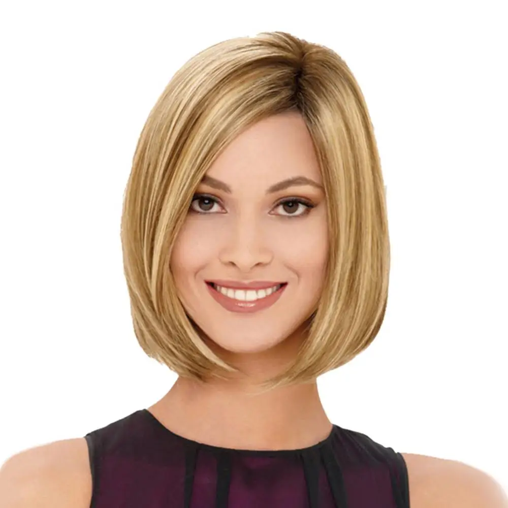 

32cm Lady Golden Tone Bob Haircut Wig COSPLAY Party Evening Party Hair Decor Ombre Synthetic Hair Short Wigs Middle Part Lolita