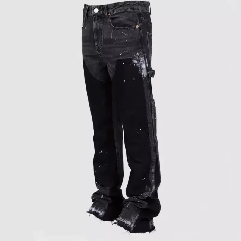 

Y2k Jeans Men Painting Patch Baggy Stacked Jeans Fashion Work Wear Popular Stretch Patch Denim Stacked Flare Jeans Pants