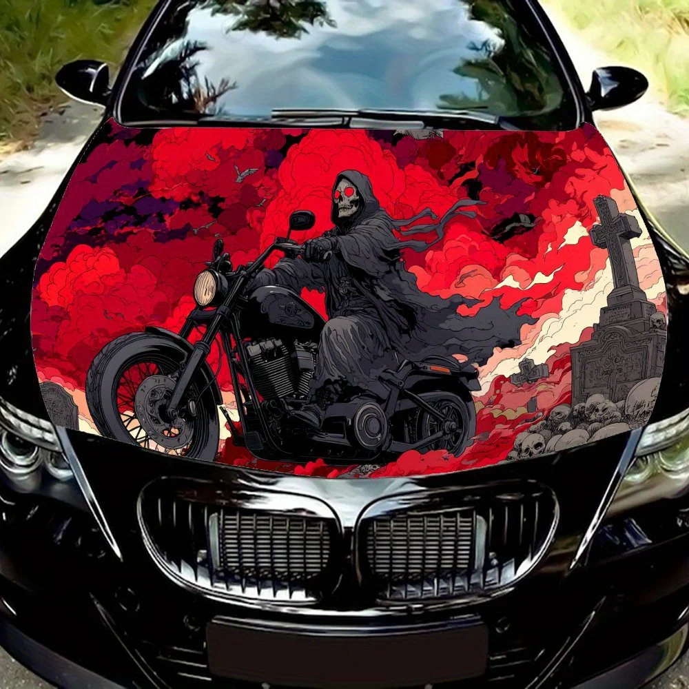 Phantom of Death Under Blood Colored Moonlight Print PVC Car Vinyl Wraps, Self-Adhesive Waterproof Car Hood Decal Sticker, Car D