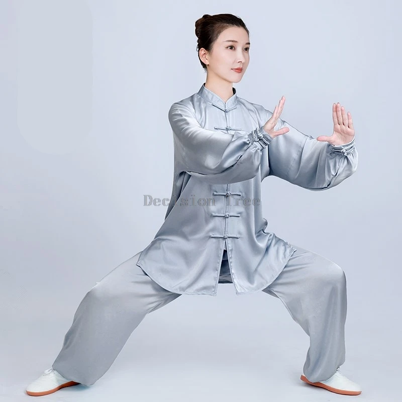 female long sleeved top pants 2-piece set men's buckle breathable wushu clothing set spring retro tai chi practice clothes set