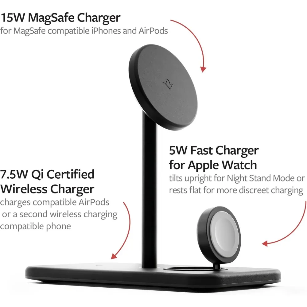 محطة شحن لاسلكية أنيقة لأجهزة iPhone وAirPods وApple Watch مع محول طاقة أمريكي
