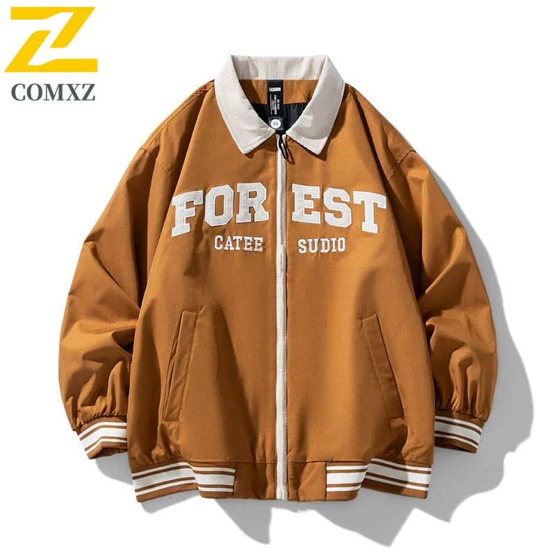 COMXZ Men Jacket 2025 Loose Collar Casual Fashion Print Lettering Jogging Travel Outdoor Hiking Coat Autumn Windbreaker Jackets