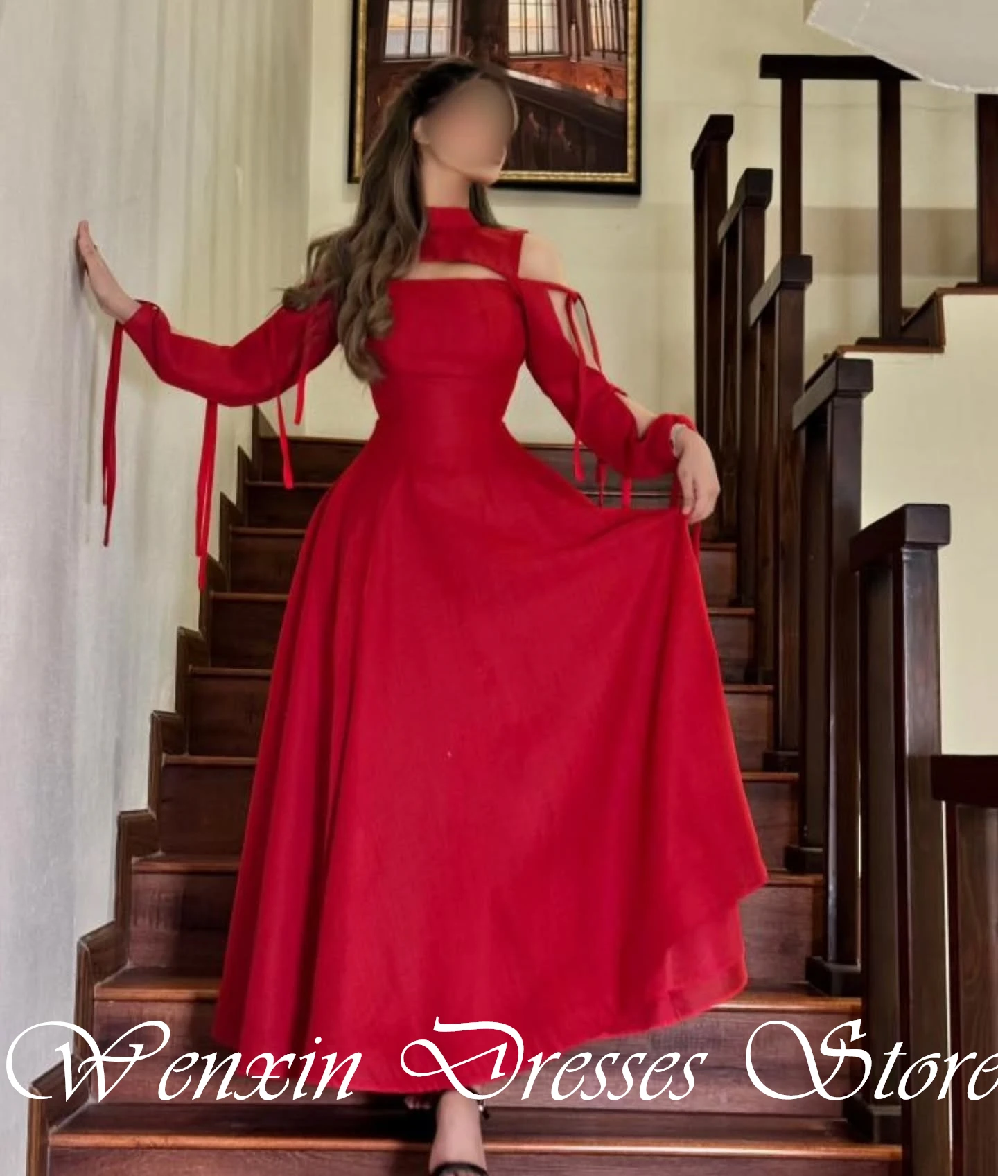 Customized  Delicate Lace Up Long Sleeves Evening Dress Graceful High Collar A-Line Party Dress Classic Zipper Back Pro