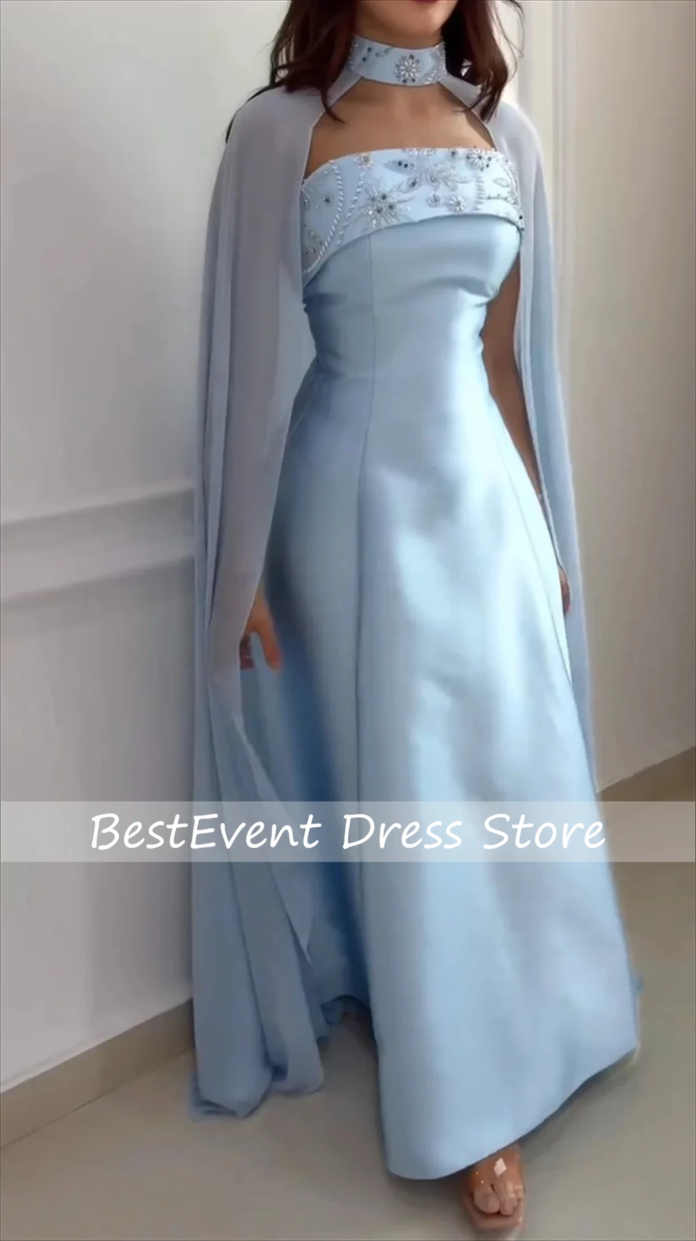 

Customized Boat Collar Blue Beading A-line Strapless Floor Length Dresses Bespoke Occasion Bridal Dresses Exquisite High Quality