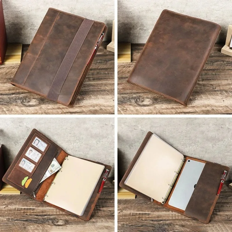 

Brown Portable Leather Business Notebook Cover, Removable Handle, Book Binding Sidebar, A4 Size Notebook Cover