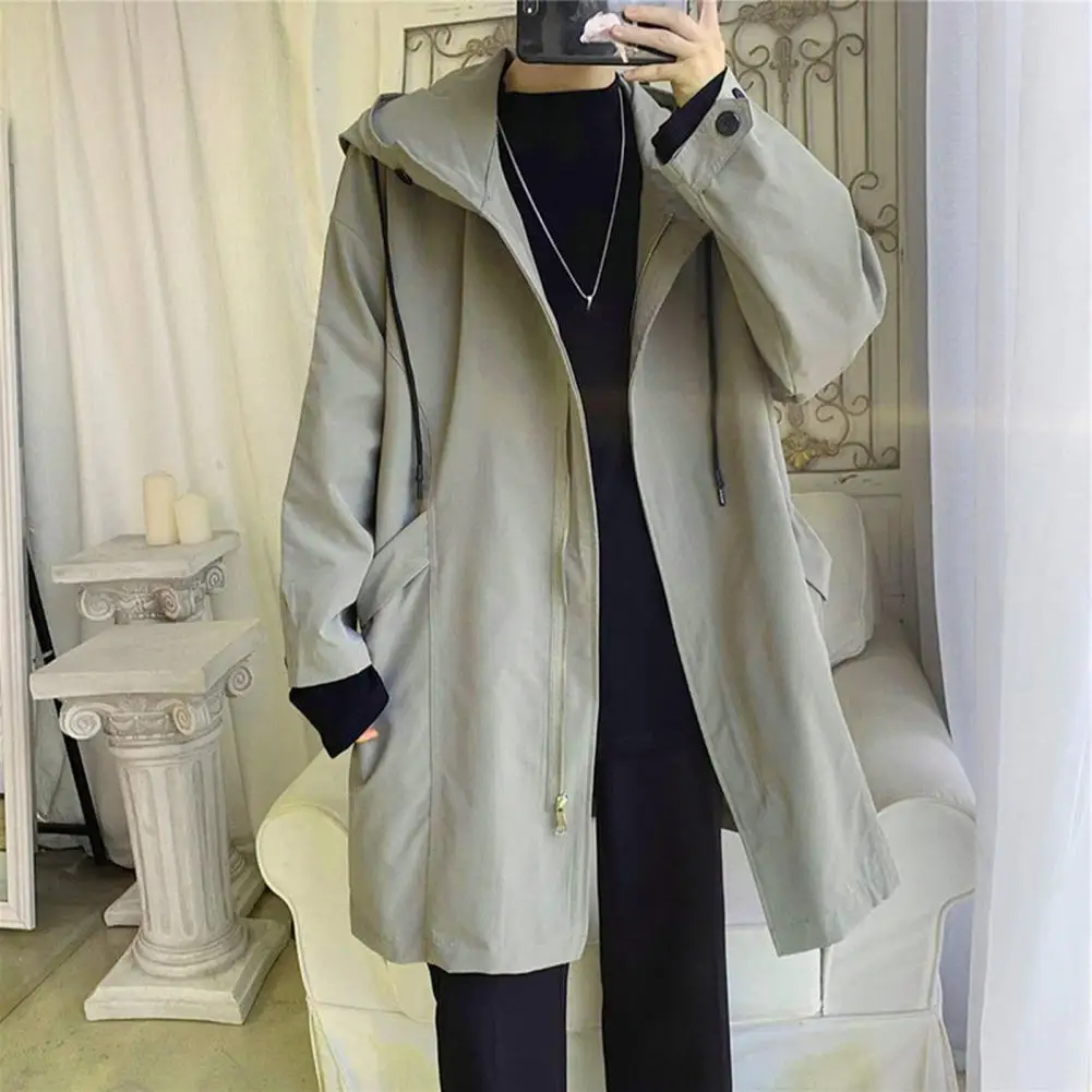 Men Windbreaker Coat Hooded Long Sleeve Zipper Placket Trench Coat With Pockets Solid Color Loose Fit Mid-length Male Outwear