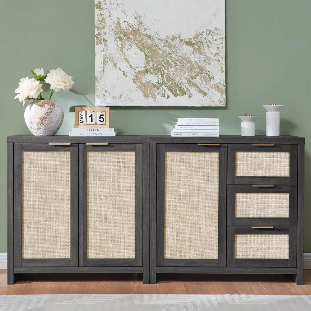 XMSJ Sideboards,Storage Set, Rattan Sideboard Buffet Cabinet with 3 Doors and 3 Drawers, 65.4",living Room Cabinets