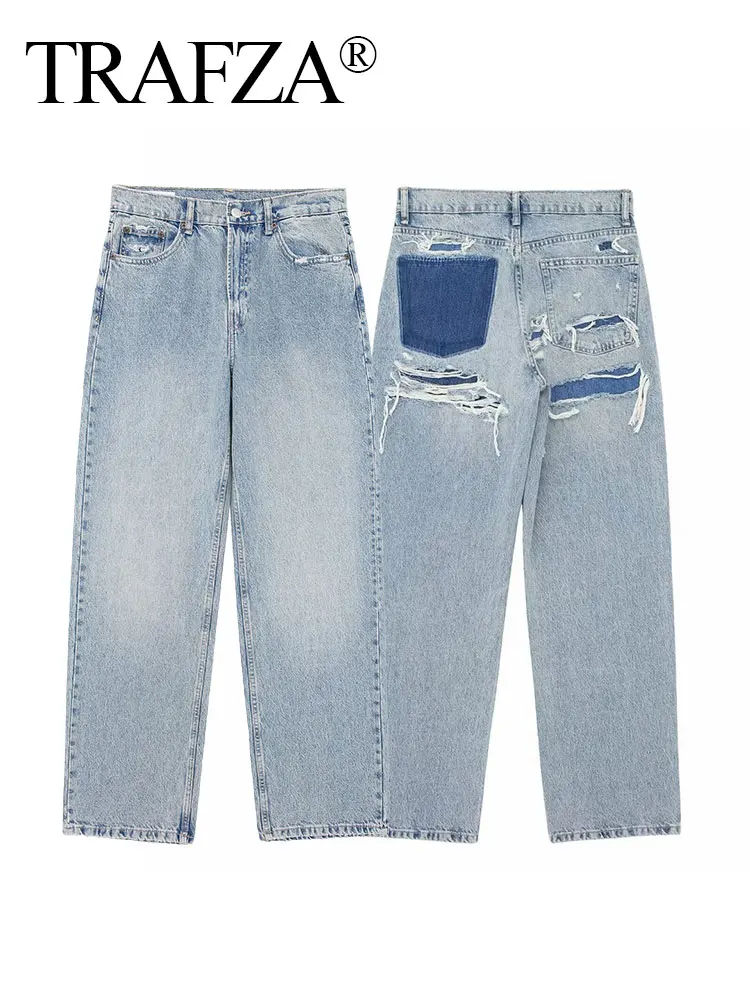 TRAFZA 2024 Damska moda uliczna Denim Niebieskie dżinsy Distressed Patchwork Wysoka talia Zamek błyskawiczny Fly Ripped Retro Długie spodnie