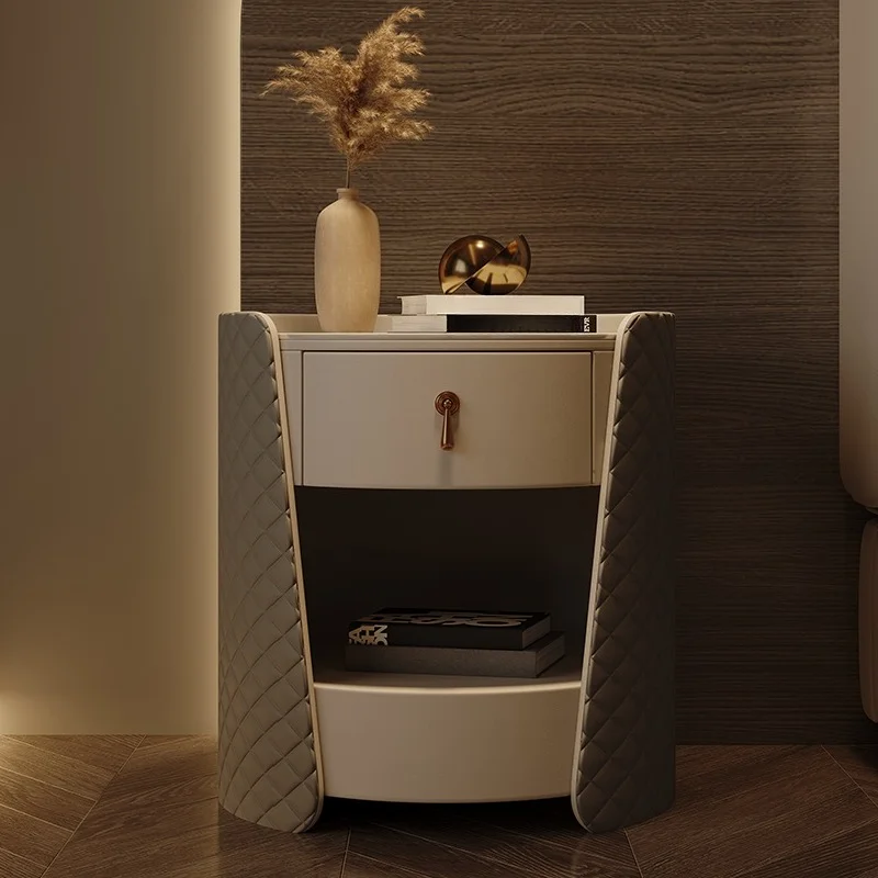 

Simple round leather cabinet with sintered stone top bedroom luxury solid wood bedside table