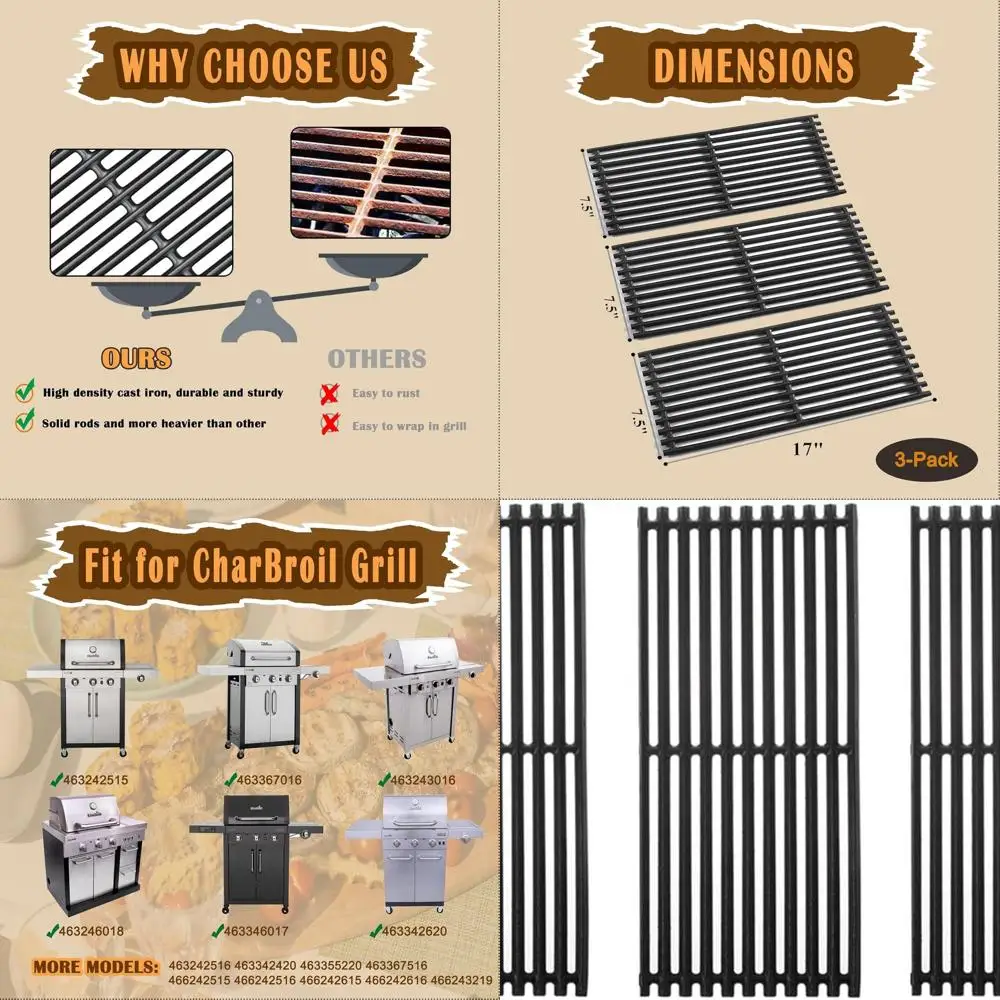 

17 чугунных решеток для гриля для моделей Charbroil TRU с 3 инфракрасными горелками 463242516, 463242515, 463367016, 466242516, 463243016, 4632