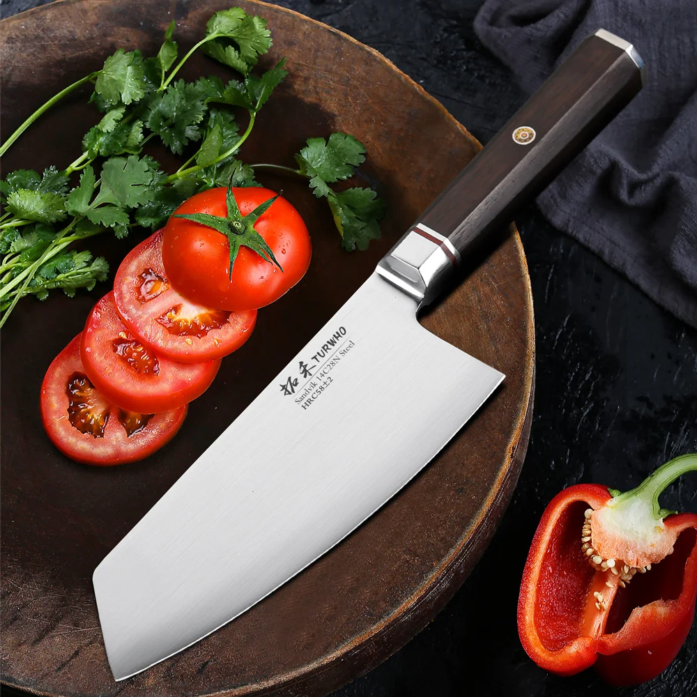 TURWHO-Kitchen Nakiri Knives, Sandvik 14C28N Steel Sharp Meat Cutting Chef Vegetable Knife, Cooking Knife, Wooden Handle, 6.5