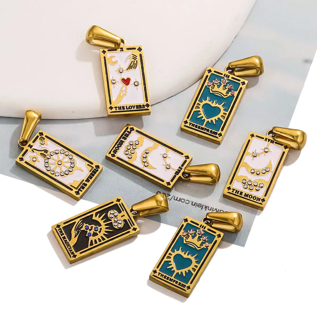 New ins Stainless Steel Rectangular Tarot Charm For Women Girl Fashion Drop Oil Zircon Pendant Accessories DIY Jewelry Gift