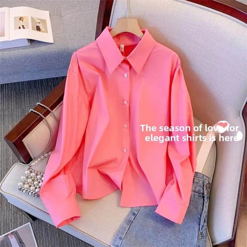 

Elegant Pink Long Sleeve Loose Women's Shirt Beautiful And Slimming Korean Style Spring Fashion Casual Comfortable Top