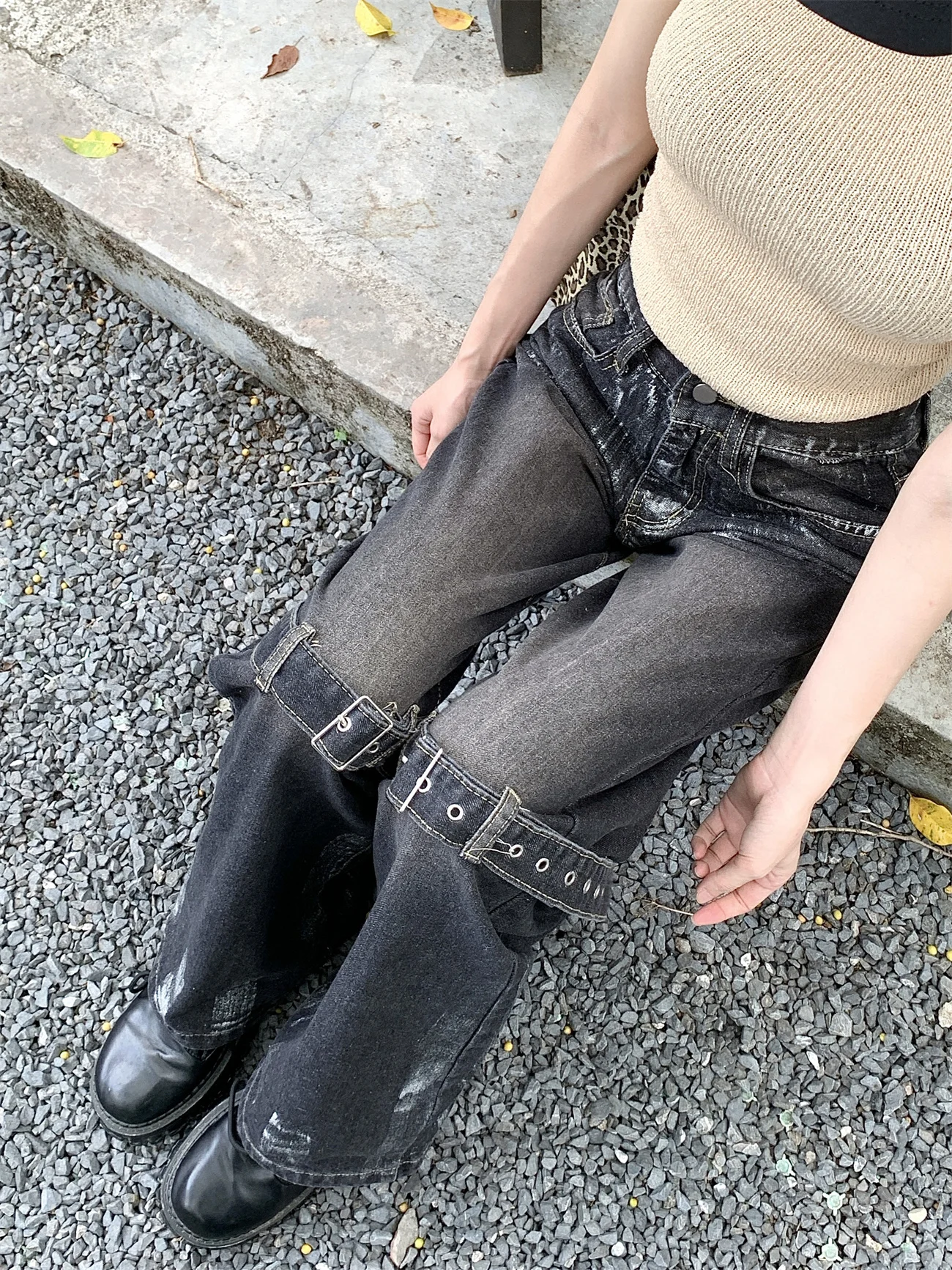 Gothic Style Bandage Trendy Women's Jeans Vintage American High Street Pants for Women Street Personality Fashion Jeans Woman