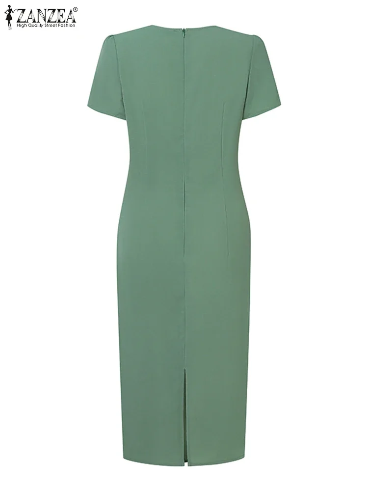 ZANZEA Eleganckie Sukienki Bodycon Damskie na Imprezę do Kolan Moda OL Dekolt V Krótki Rękaw Dopasowana Talia Plisowane Marszczone Szaty Femme