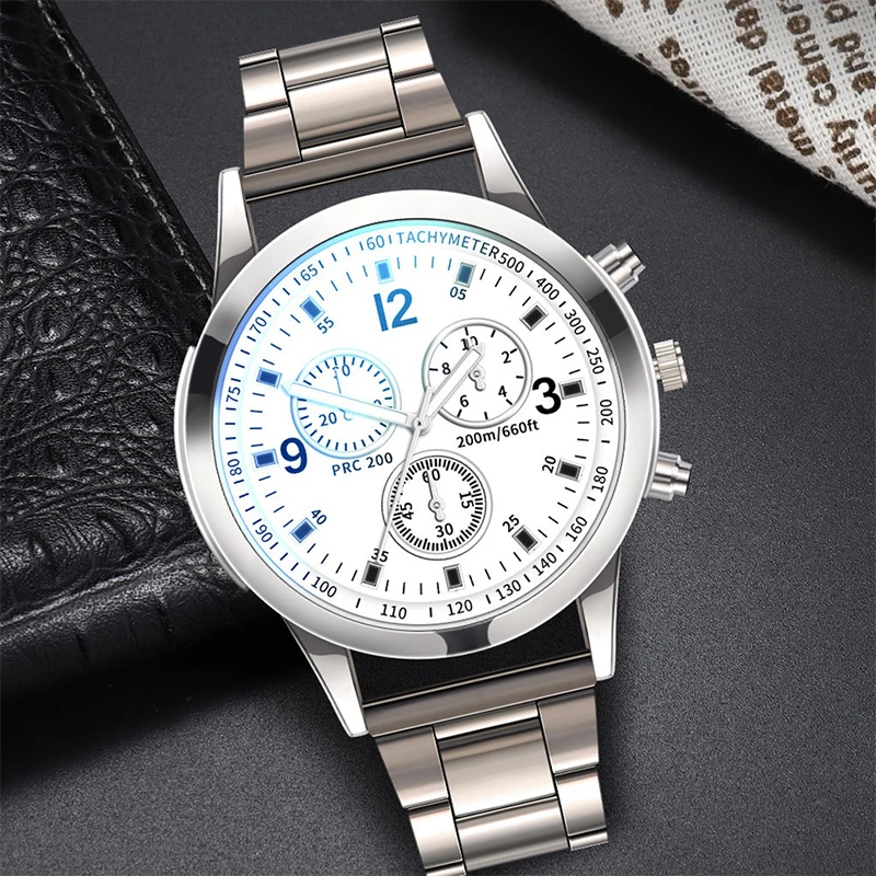 2pcs/set Fashion Men\'s Watch Silver Steel Band Male Business Quartz Watches Bracelet Set（Without Box）