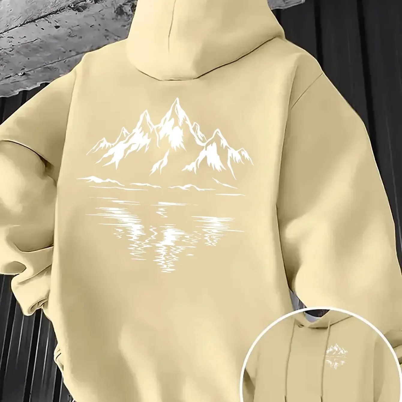 Minimalist Mountain and Lake Aesthetics Men's Hooded Sweatshirt with White Lines Reflecting Snow Peaks and Water Scenery