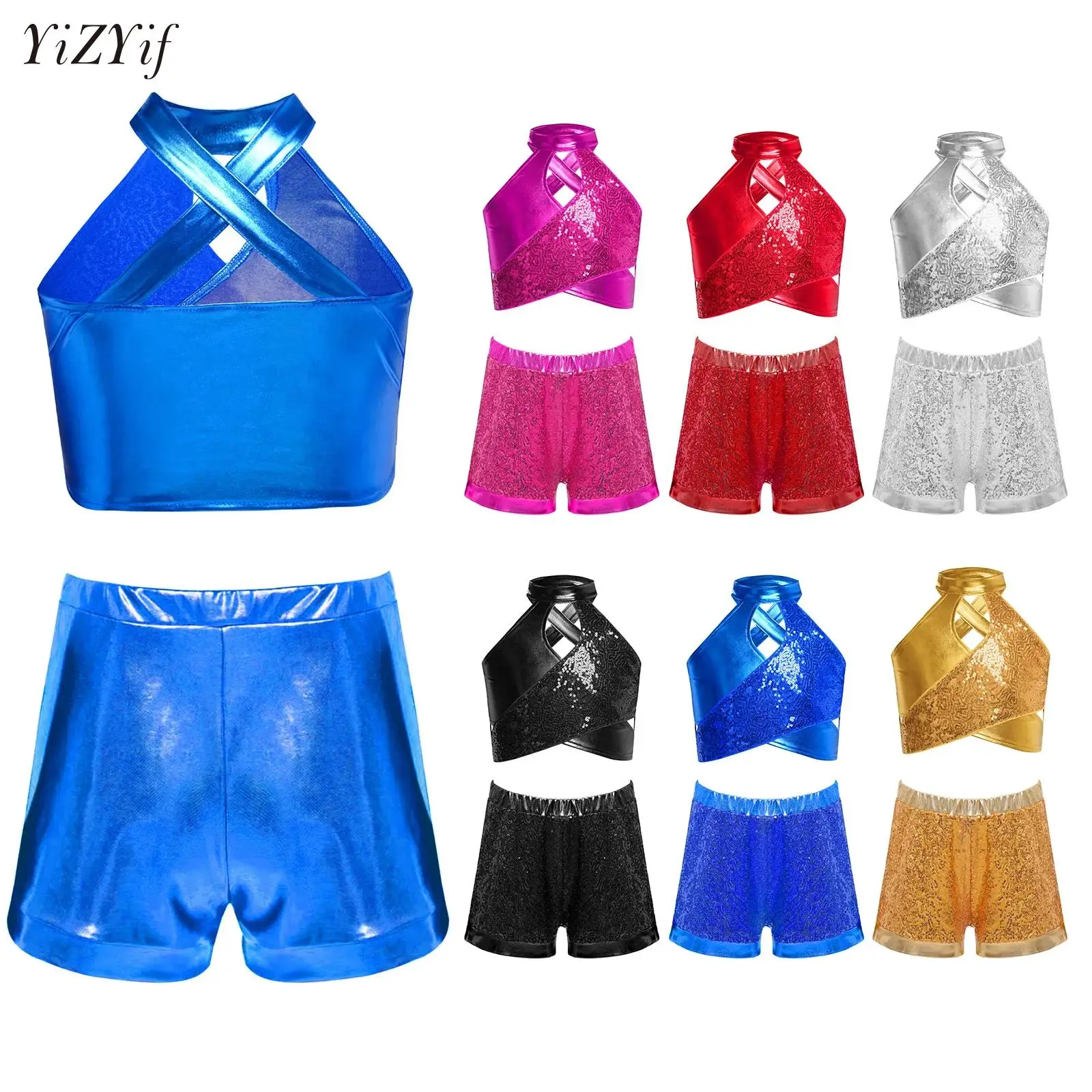 

Kids Girls Modern Latin Jazz Dancing Practice Clothes Set Sequin Crop Top+Shorts Sports Workout Hip Hop Performance Dancewear
