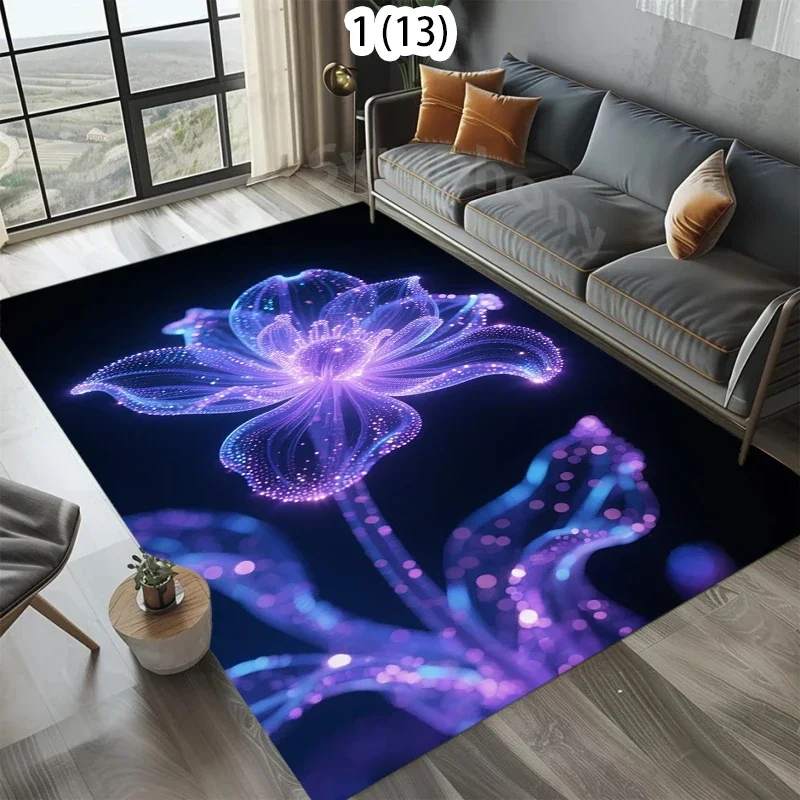 Home Carpet Neon Particle Light Effect Purple Flower Rug Carpet Mat Non-Slip for Living Room Bedroom Futuristic Home Decor