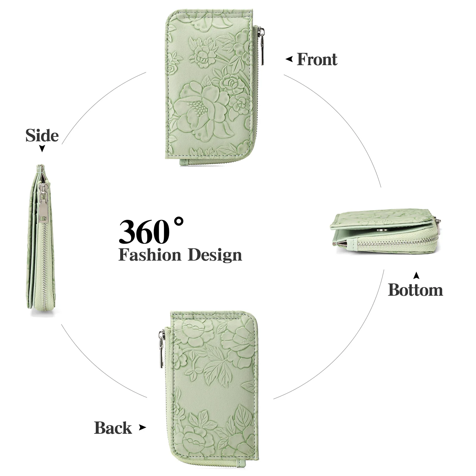Zipper Card Bag Embossed Design Large Capacity Multi-card Holder Women's Change Bag with Key Ring Coin Purse Wallet