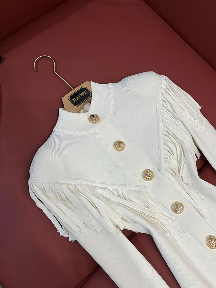 Elegancki, wysokiej jakości, dzianinowy, długi sweter z dekoltem w serek, frędzlami, wyszczuplający, dla kobiet, nowość na zimę, do pracy, szykowny.