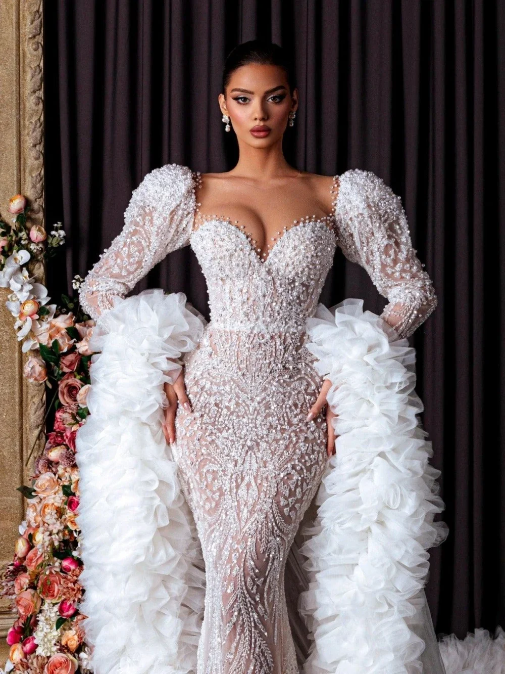 Mode perles robes De mariée paillettes sirène robes De mariée avec Train voir à travers robe De mariée personnalisée robes De Novia