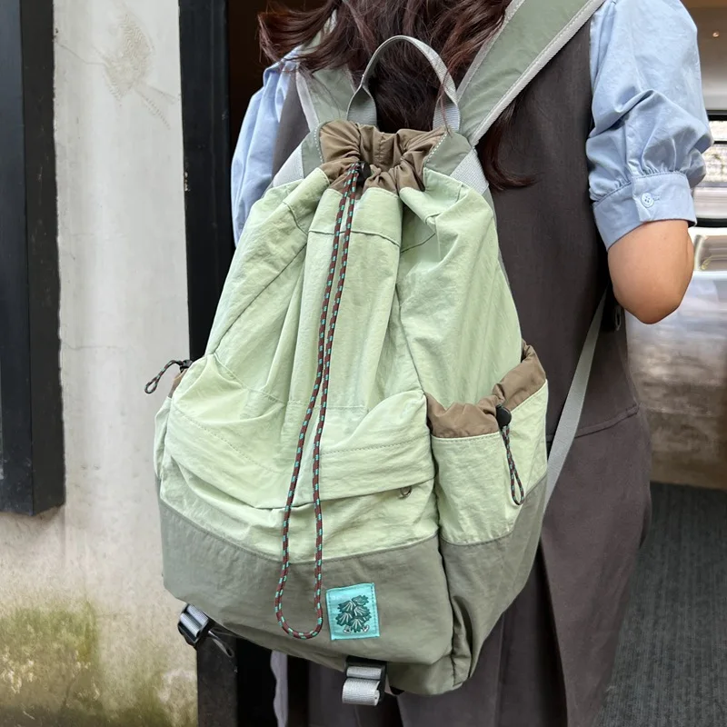 

Korean Fashion Backpack Drawstring Women Green Y2k School Bag Laege Capacity Casual Nylon Lightweigt Soft Backpacks Outdoor New