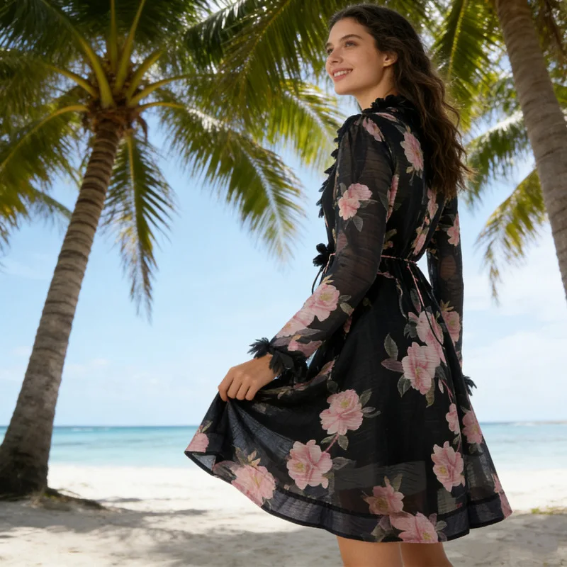   Nuovo modello di fiori di tè in lino Bla 3D piccolo fiore lungo Sve ort Dr Street Sle vita alta A-Lin...