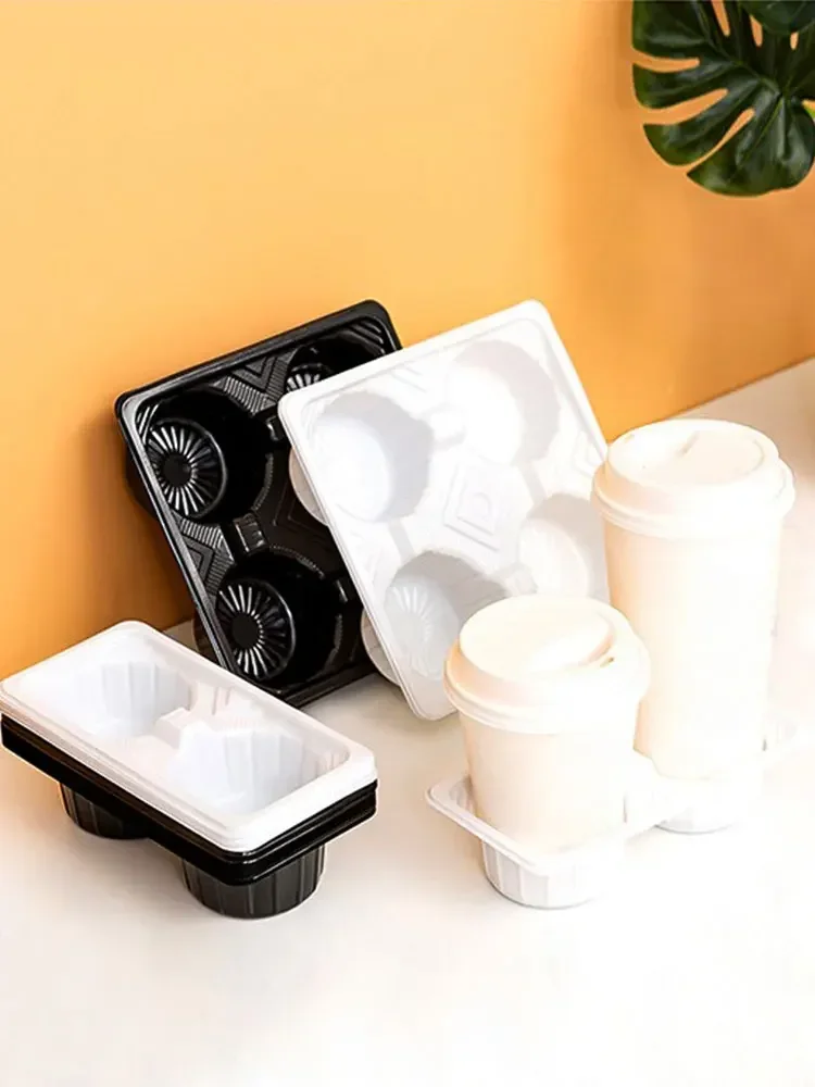 JuiceTea Takeaway Packaging Cup Holder Disposable Thick Plastic Base Black White Coffee Beverage Anti Scattering Fixed Tray