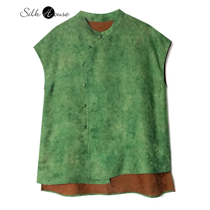 

2025 Women's Fashion Summer New Versatile Style 100% Natural Mulberry Silk Gambiered Guangdong Gauze Green Jacquard T-shirt