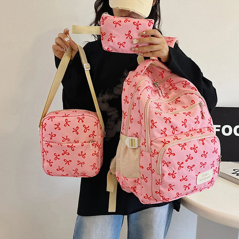 

3Pcs/set Bow Print Backpack with Crossbody Bag and Small Purse Bow Student Bookbag Simple Backpack for Elementary Middle Kids