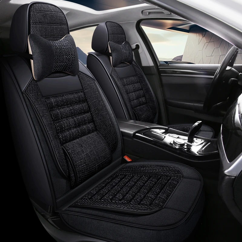 Front Single Seat, Luxurious Linen Fixed Lumbar Support Full-Cover Car Seat Cover, Universal, Comfortable, Breathable, Wear-Resistant, Suitable for All Seasons, Fits the Seat, with Three-Dimensional Fixed Lumbar Support, Paired with a Soft and Comfortable Headrest, Enhances Driving Experience, Fully Enveloping Car Seat Cushion, Suitable for Various Models Such as Sedans, Suvs, Trucks, Etc