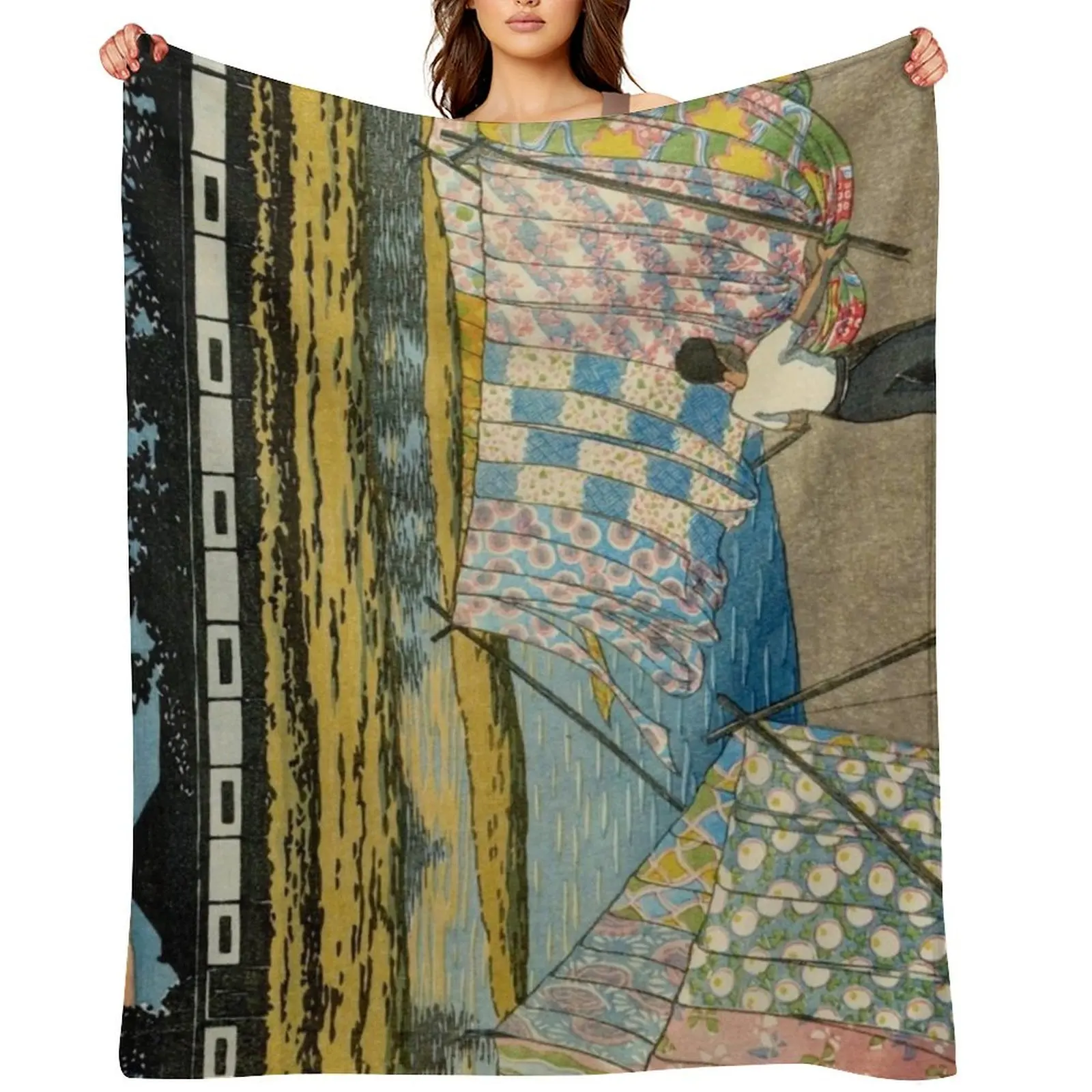 

Dusk at the Kamo River in Kyoto by Kawase Hasui Vintage Woodblock Print East Asian Oriental Cultural Antique Art Throw Blanket