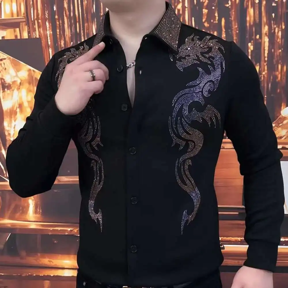 メンズブラックラインストーンアニマルシャツ,社交クラブウェア,ダイヤモンドプリント,クオリティ,秋