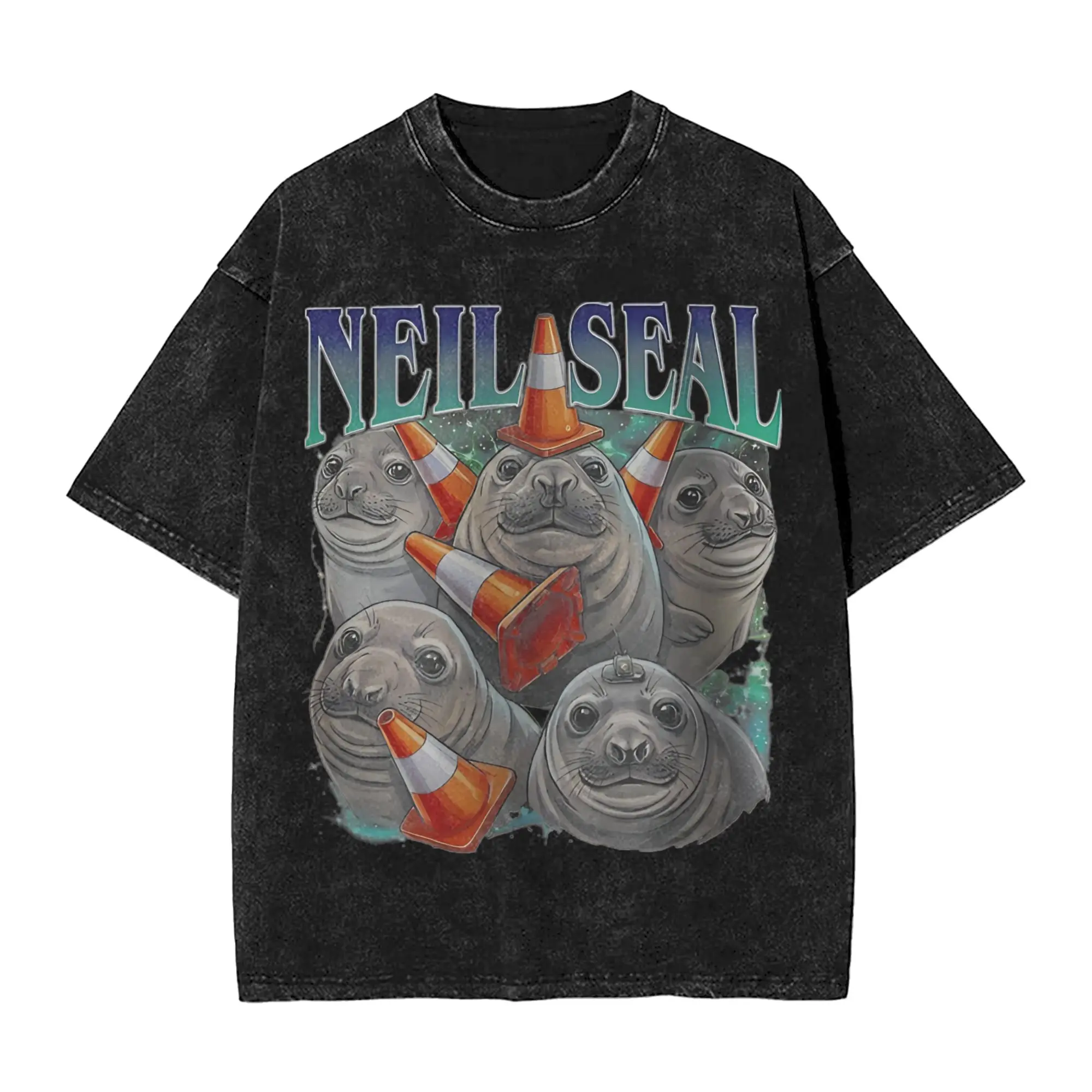 Neil the Seal Animal T Shirts Hip Hop Washed Cotton Harajuku T-Shirts  Vintage Men Women Tops Streetwear Summer Tops Tees