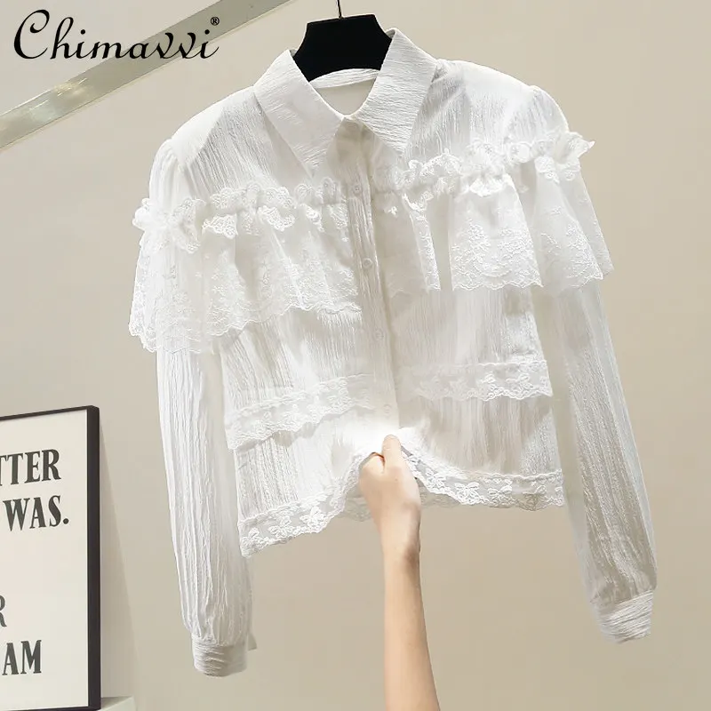 

Heavy Ruffled French Court Style Lace Blouse Women 2026 Spring and Summer New Fashion White Elegant Women's Shirts Top