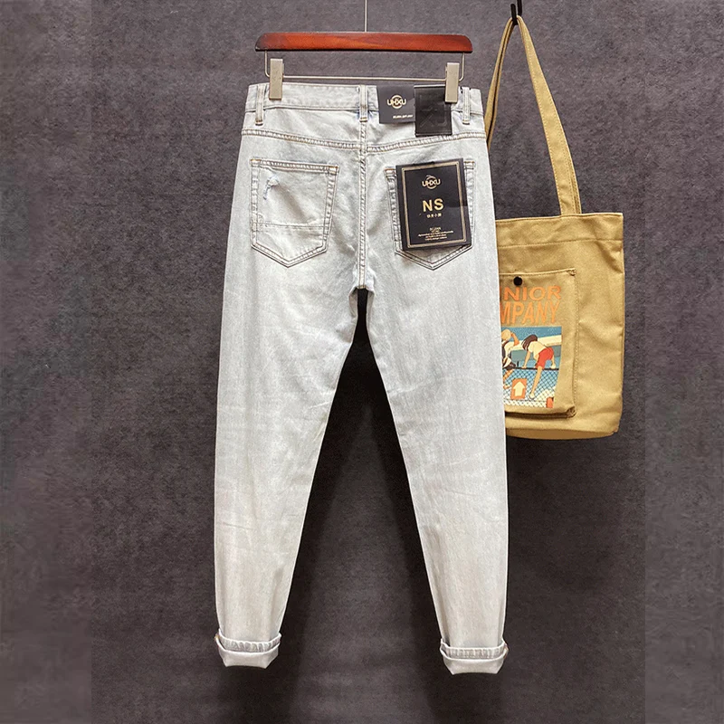 Jean Déchiré à la Mode de Rue pour Homme, Pantalon en Denim, Rétro, Bleu Clair, Slim Fit, avec Trous, Patché, de Styliste, Vintage, Zones