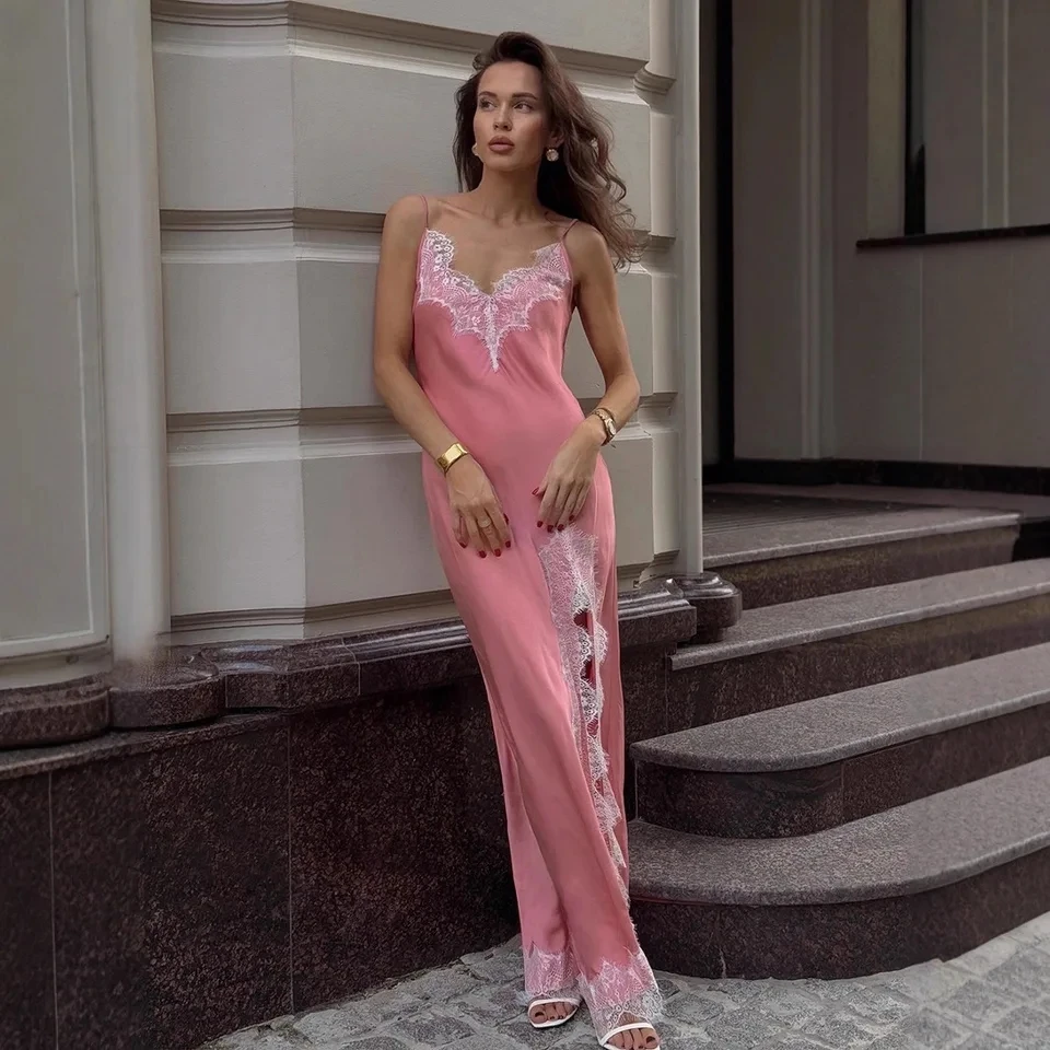 

2026 Summer New Lace Trim Halter Neck Long Dress Silk Sexy Slit Splice Lace Dress WomenElegant Design