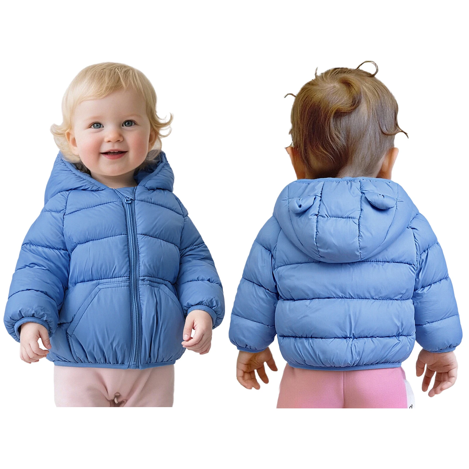 أطفال بنين بنات شتاء دافئ مقنعين أسفل سترة مبطن ملابس خارجية طويلة الأكمام آذان الدب سستة يندبروف معطف منتفخ خفيف الوزن