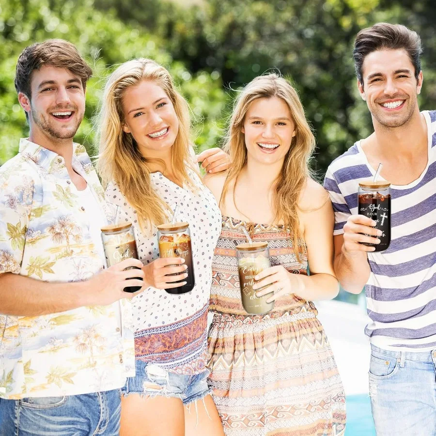 16 Sets Christian Glass Cups with Lids and Straws Brushes 16 oz Iced Coffee Cups for Women Men Coworkers Inspirational Reusable