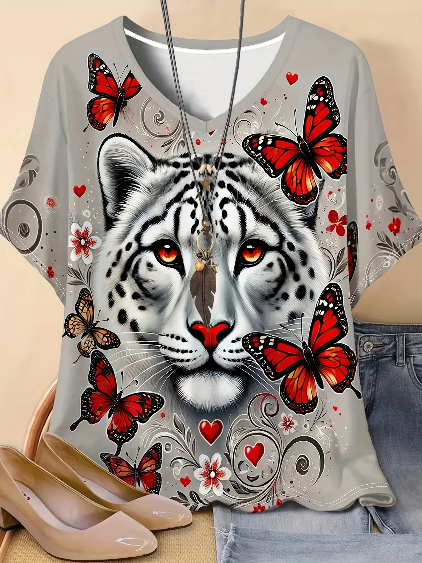 

Summer Casual Plus Size Women V-neck Short Sleeved T-shirt 3D Printed Animal Series Butterfly Tiger Pattern Quick Drying