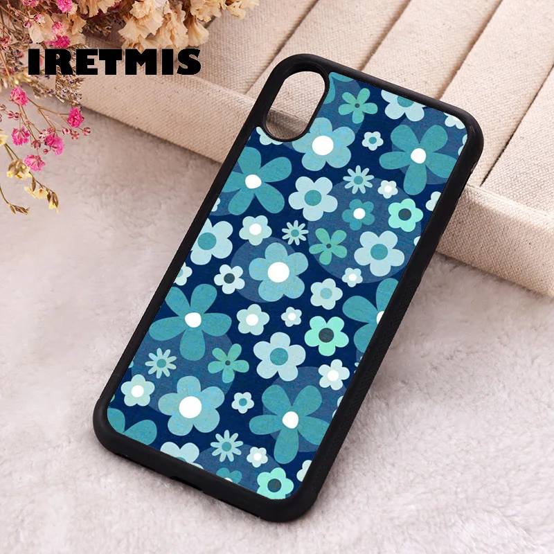 Iretmis Phone Cover Case For iPhone X XS Max XR 11 12 13 PRO MINI 14 15 16 Plus Rubber Groovy flowers Baby Indigo and Aqua