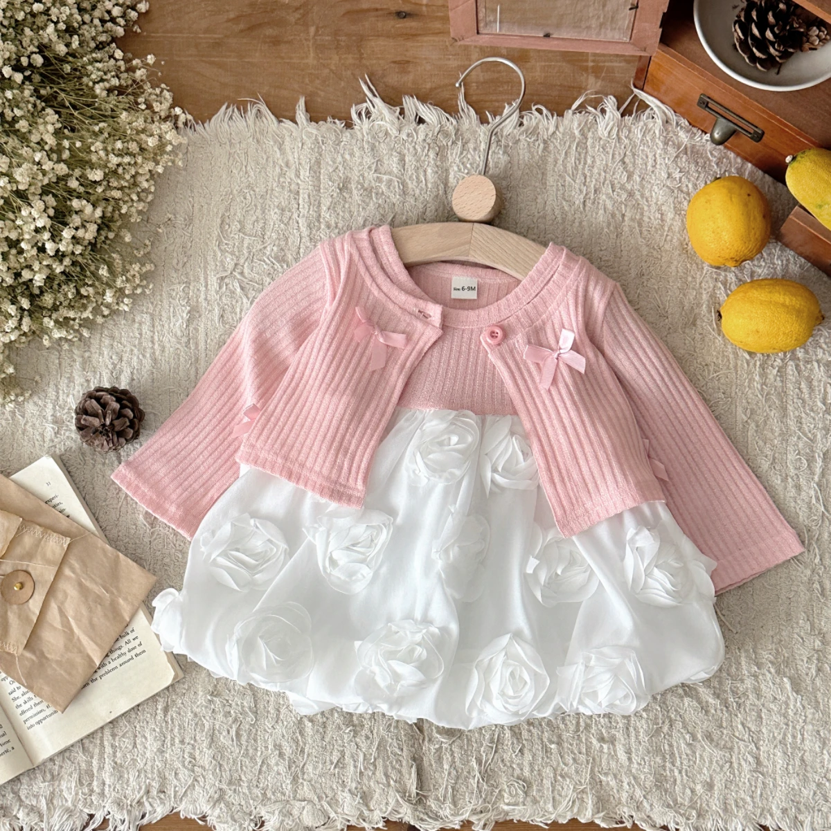 

2025 New In Autumn Newborn Baby Girls Clothing Long Sleeve Solid Color Top + Short Sleeved Rose Hem Dress Kid Infant Set