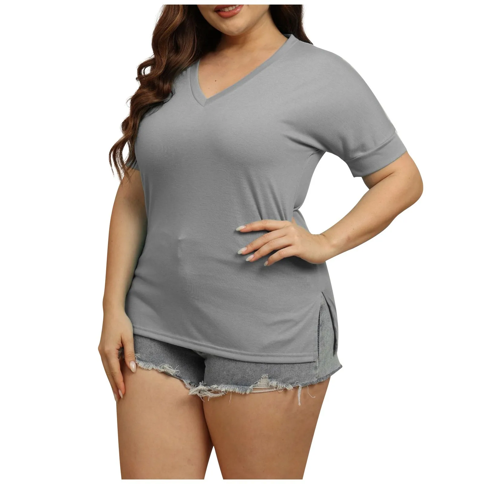 빅사이즈 Ropa Mujer Tendencia 2024 Women\'S Large Daily Casual Solid V-Neck Short Sleeve Side Split T-Shirt Plus Size Women Clothing