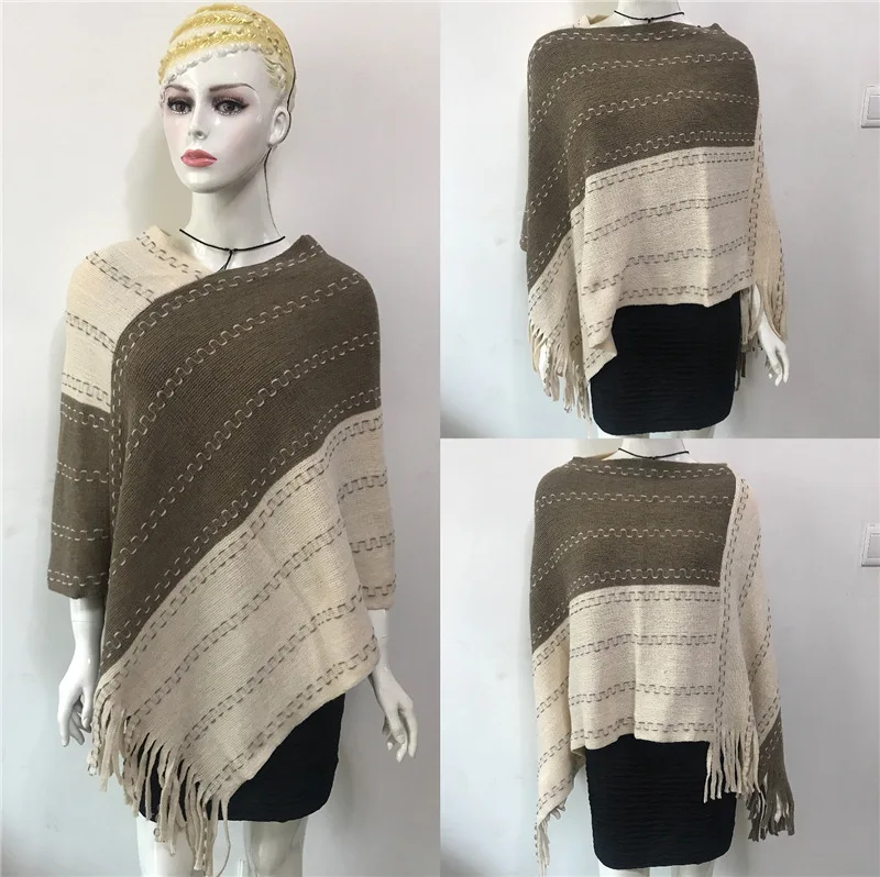 2022 Spring Autumn Color Matching Tassel Knitted Shawl Women New Warm Imitation Cashmere Pullover Cloak Sunscreen Khaki