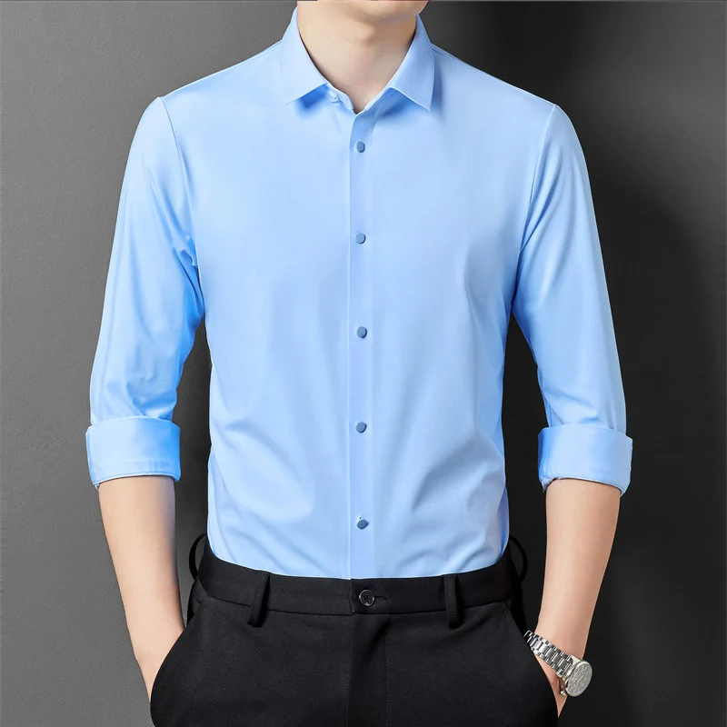 Men\'s High Quality Solid High Elasticity Seamless Comfortable Long Sleeve Shirts Slim Social Casual Business Formal Dress Shirt